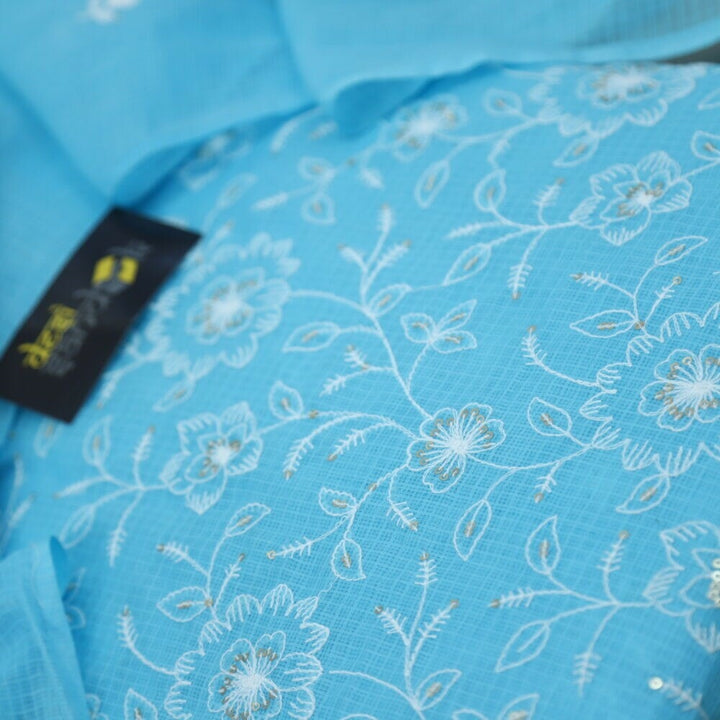 Sky Blue Embroidered Kota Top and Dupatta with Schiffli Bottom