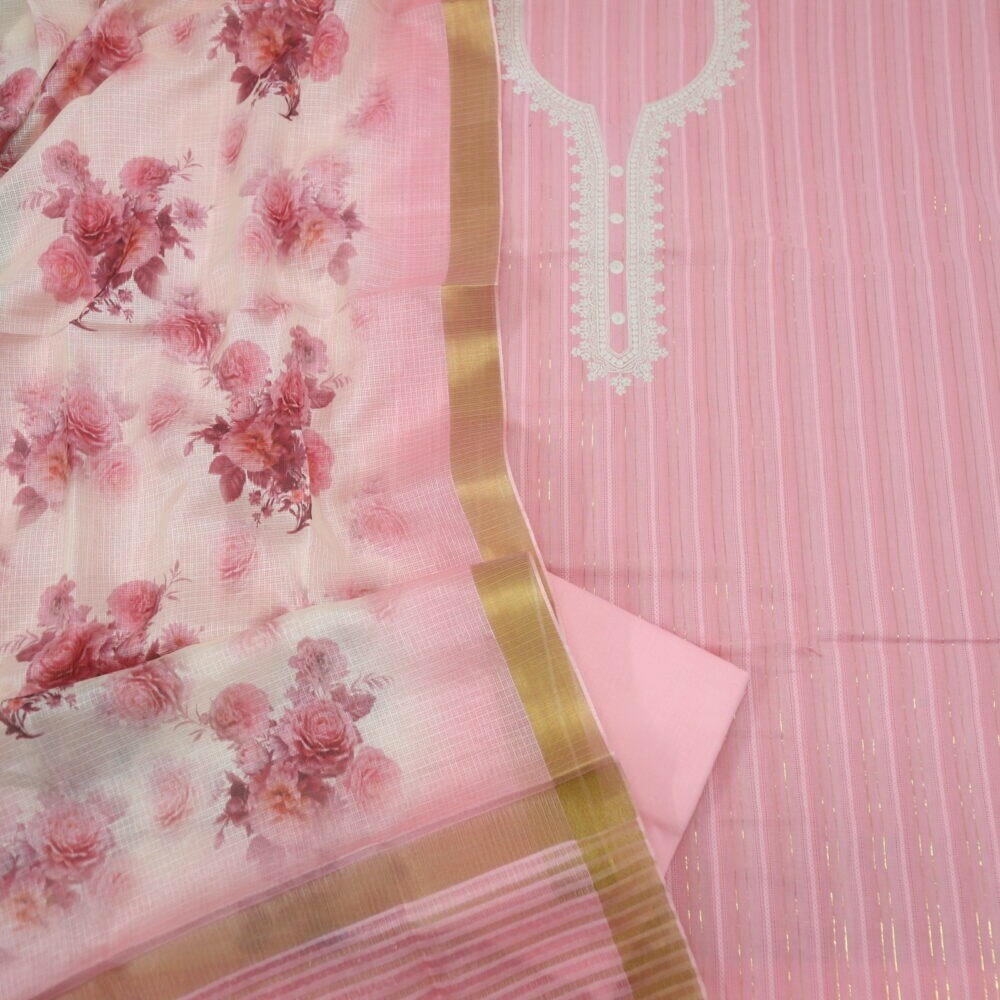 Pink Lurex Work Cotton Top with Digital Printed Kota Dupatta Set