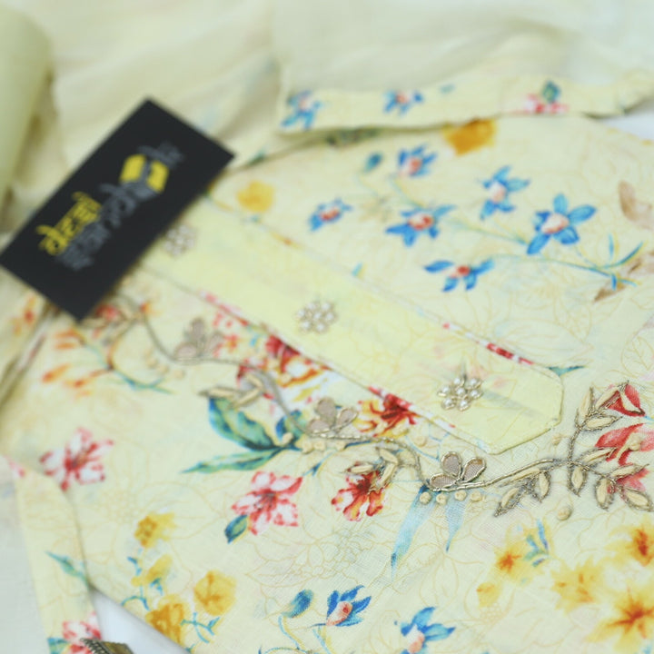 Light Yellow Printed Floral Cotton Linen Top with Chiffon Dupatta Set