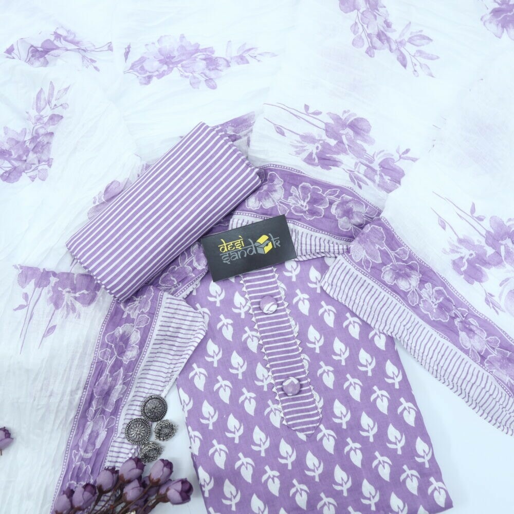 Orchid Purple Printed Cotton Top with White Printed Dupatta Set-D1