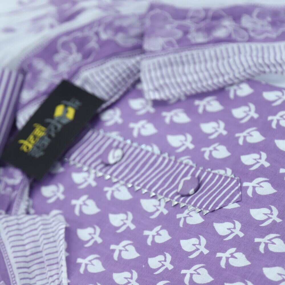 Orchid Purple Printed Cotton Top with White Printed Dupatta Set-D1