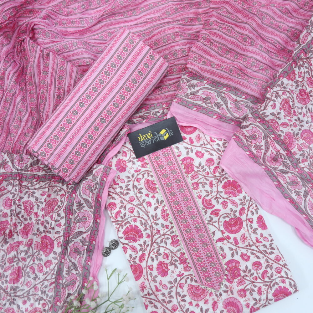 White and Pink Jaal Printed Cotton Top with Printed Dupatta Set