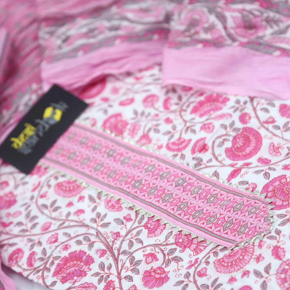 White and Pink Jaal Printed Cotton Top with Printed Dupatta Set