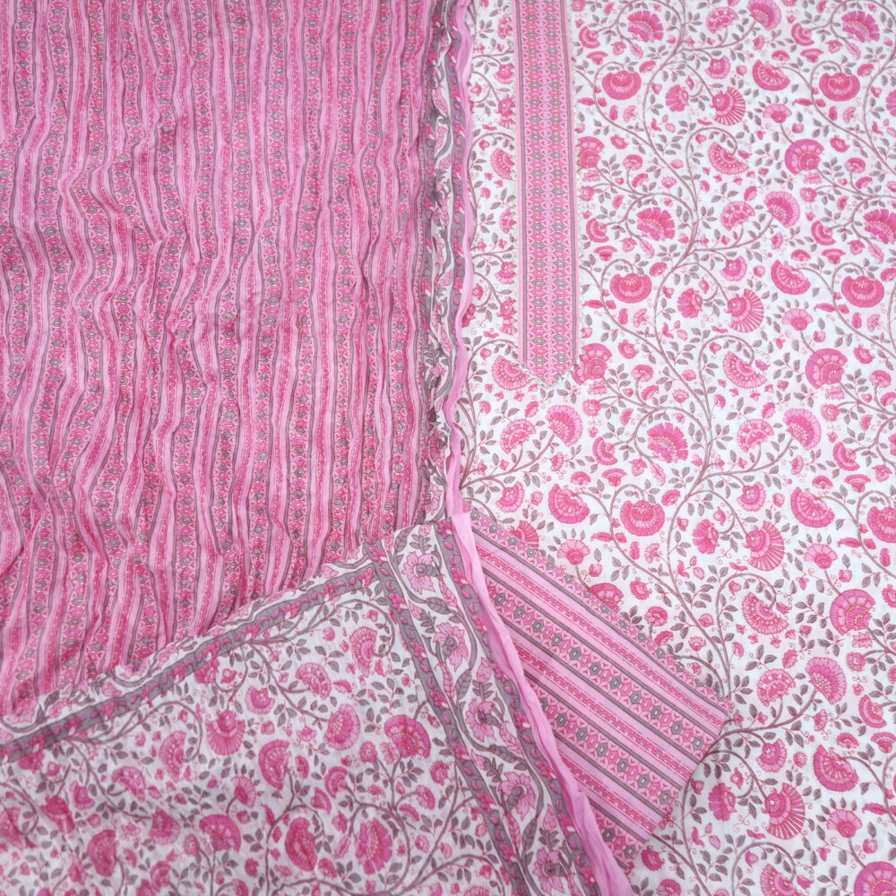 White and Pink Jaal Printed Cotton Top with Printed Dupatta Set