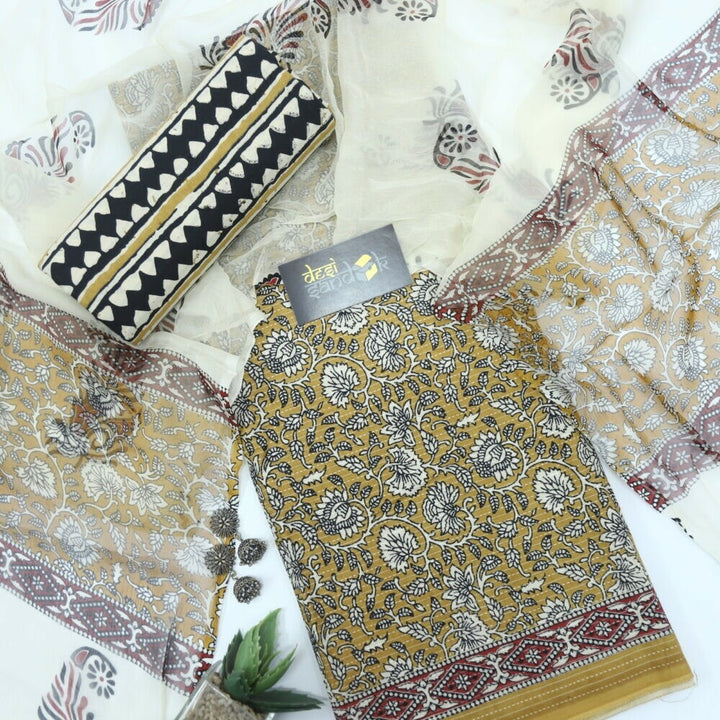 Dijon Yellow Running Stitch Printed Top with Chiffon Printed Dupatta Set