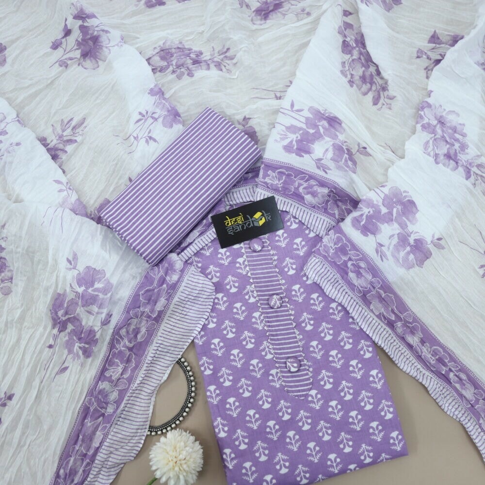 Orchid Purple Printed Cotton Top with White Printed Dupatta Set-D3