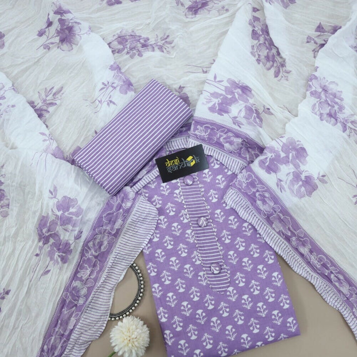 Orchid Purple Printed Cotton Top with White Printed Dupatta Set-D3