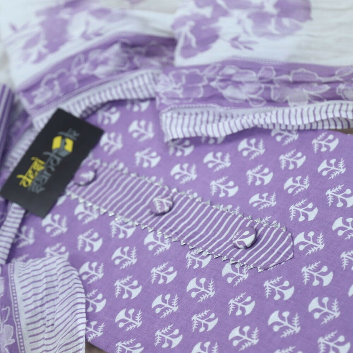 Orchid Purple Printed Cotton Top with White Printed Dupatta Set-D3
