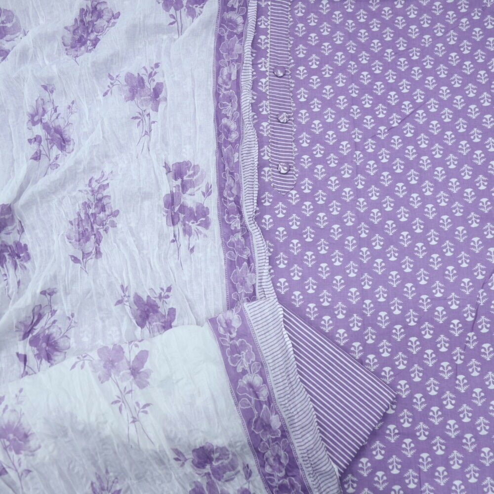 Orchid Purple Printed Cotton Top with White Printed Dupatta Set-D3