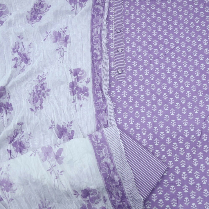 Orchid Purple Printed Cotton Top with White Printed Dupatta Set-D3