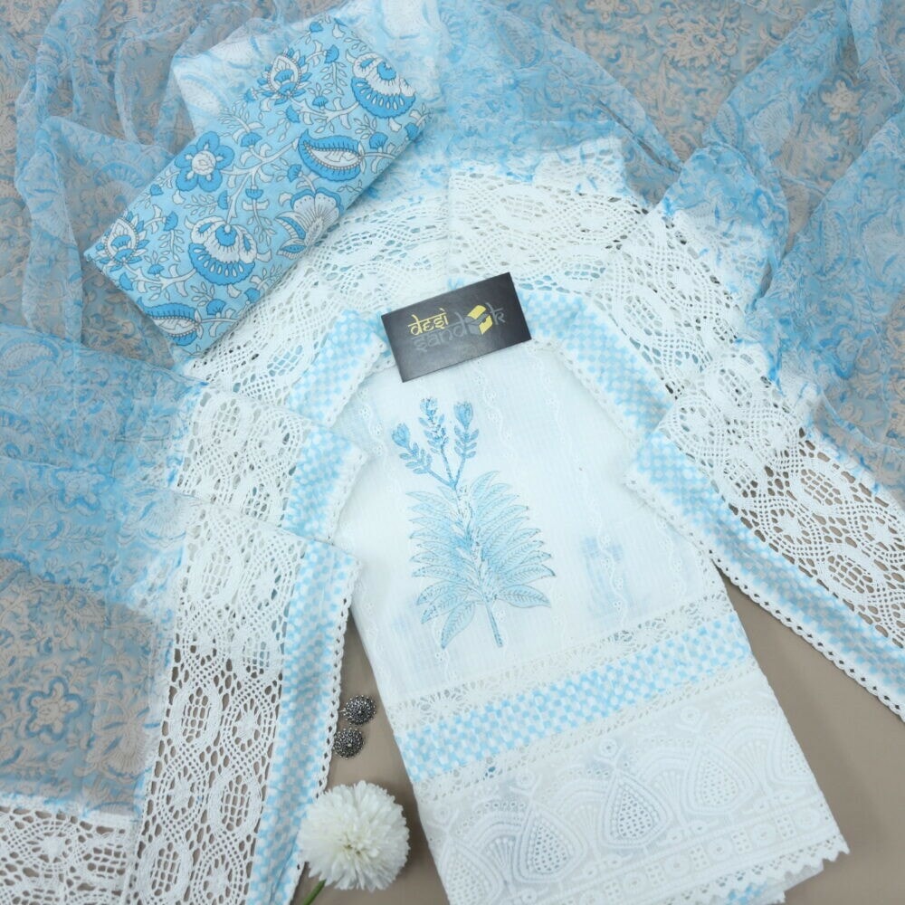 White Printed Schiffli Work Kota Top with Sky Blue Chiffon Printed Dupatta Set