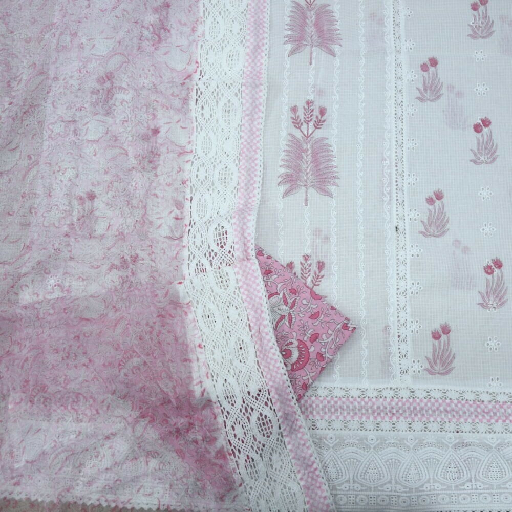 White Printed Schiffli Work Kota Top with Pink Chiffon Printed Dupatta Set