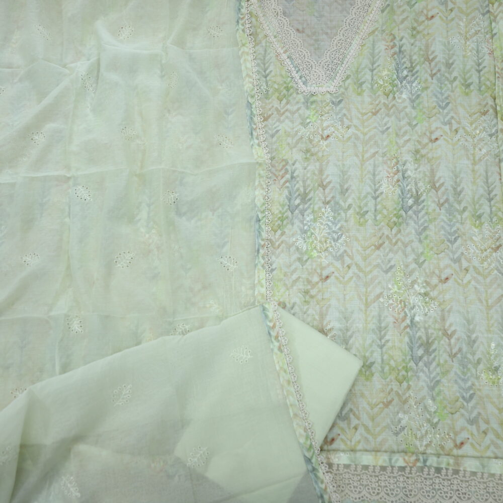 Mint Green Printed Organza Lace Cotton Linen Top with Cream Dupatta Set