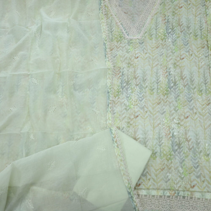 Mint Green Printed Organza Lace Cotton Linen Top with Cream Dupatta Set