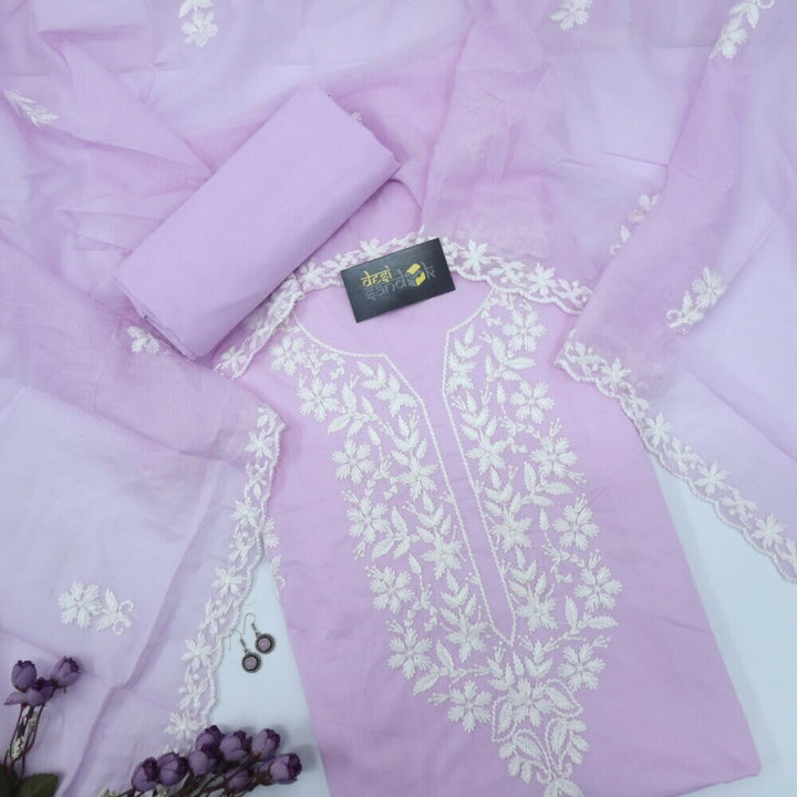 Lavender Chikankari Work Cotton Top and Dupatta Set