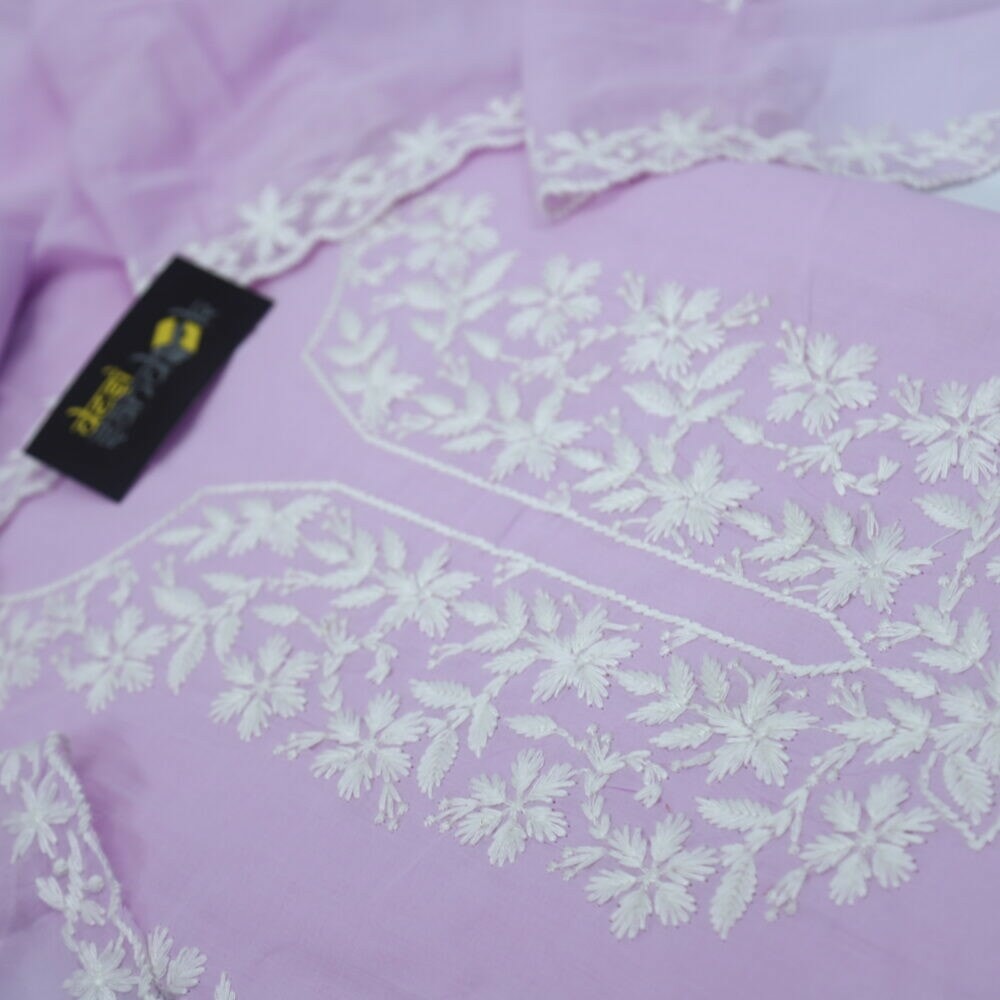 Lavender Chikankari Work Cotton Top and Dupatta Set