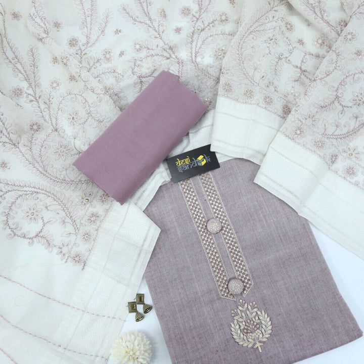 Purple Tone Cotton Top with Beige Khadi Chanderi Dupatta Set