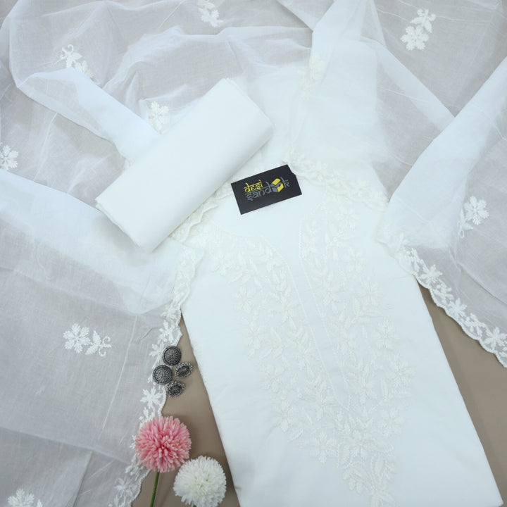 White Chikankari Work Cotton Top and Dupatta Set