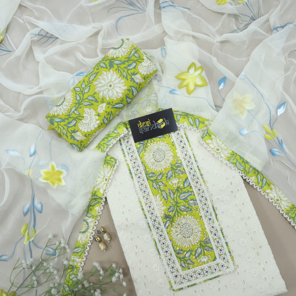 Oat Beige Schiffli Work Top with Parrot Green Printed Bottom and Hand Painted Dupatta