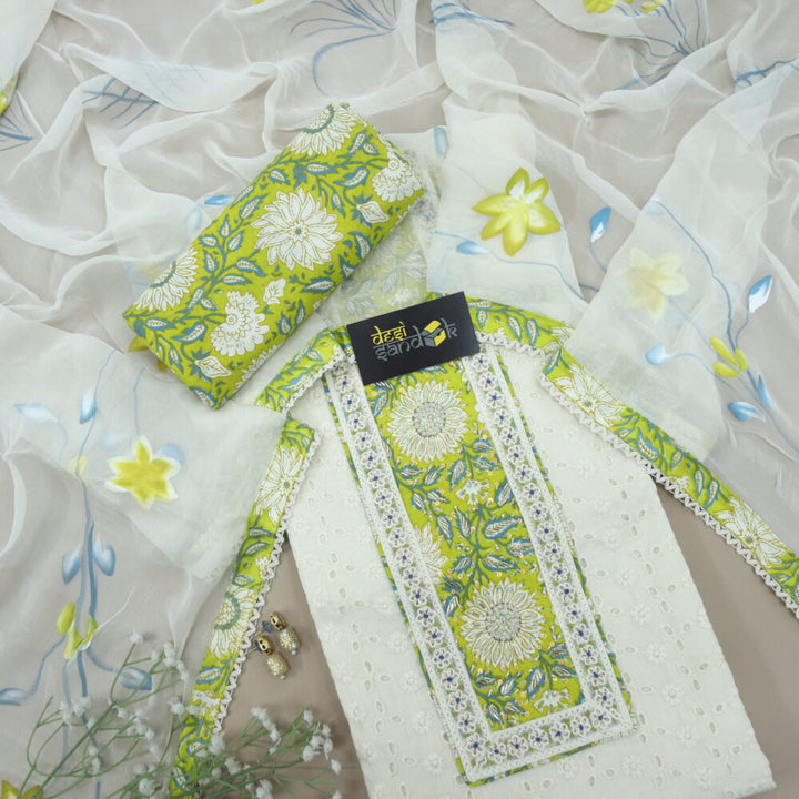 Oat Beige Schiffli Work Top with Parrot Green Printed Bottom and Hand Painted Dupatta