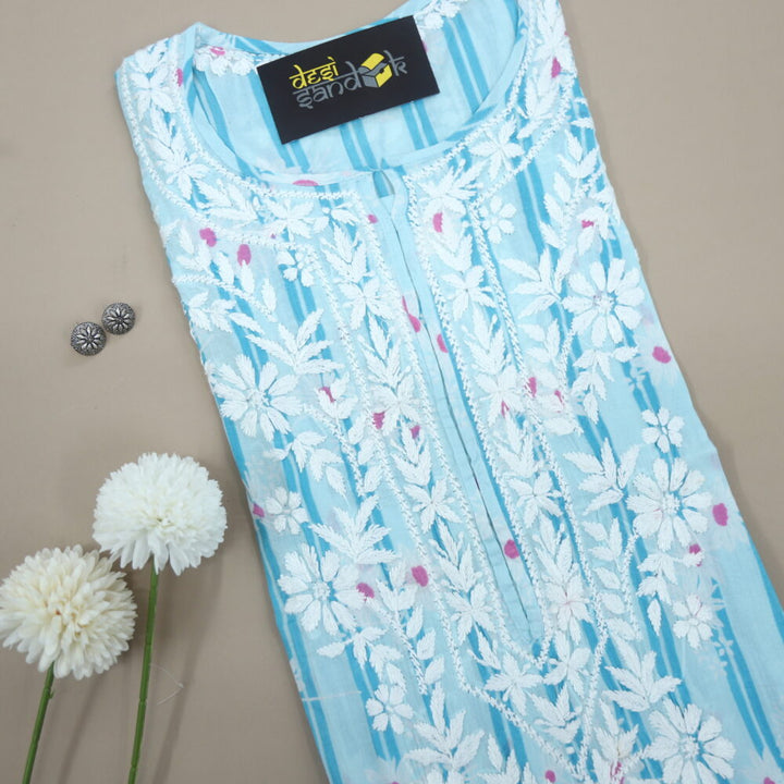 Sky Blue Stripe Printed Cotton Chikankari Kurti