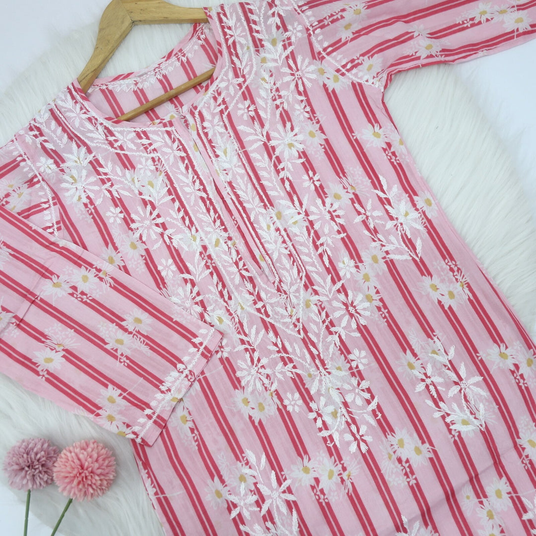 Pink Stripe Printed Cotton Chikankari Kurti