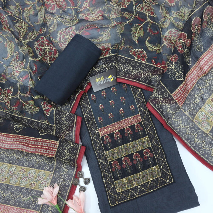 Ebony Black Chanderi Top with Kantha Highlight Printed Dupatta Set