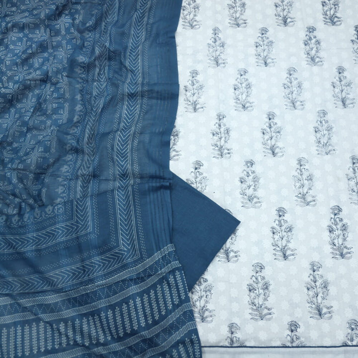 White and Navy Blue Chikankari Inspired Top with Printed Dupatta Set-4