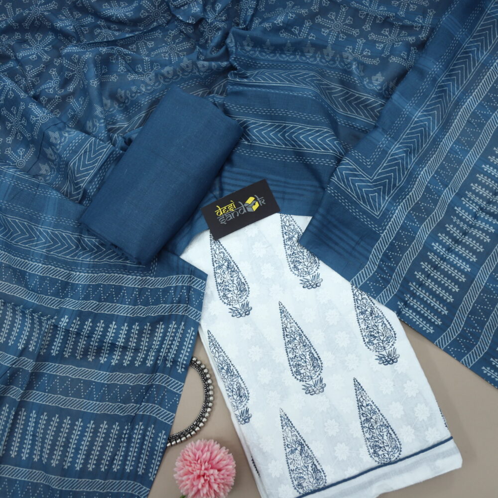 White and Navy Blue Chikankari Inspired Top with Printed Dupatta Set- 1