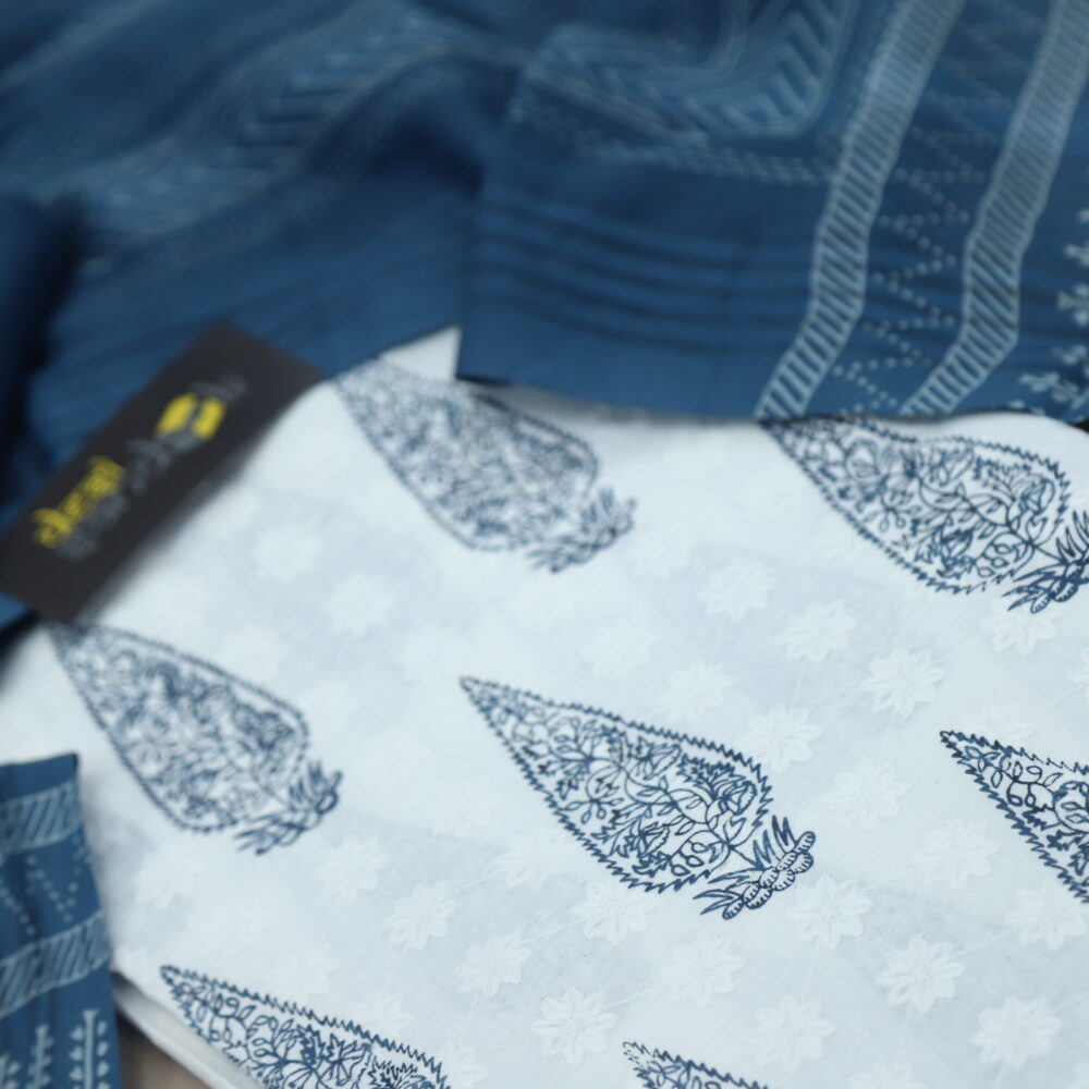 White and Navy Blue Chikankari Inspired Top with Printed Dupatta Set- 1