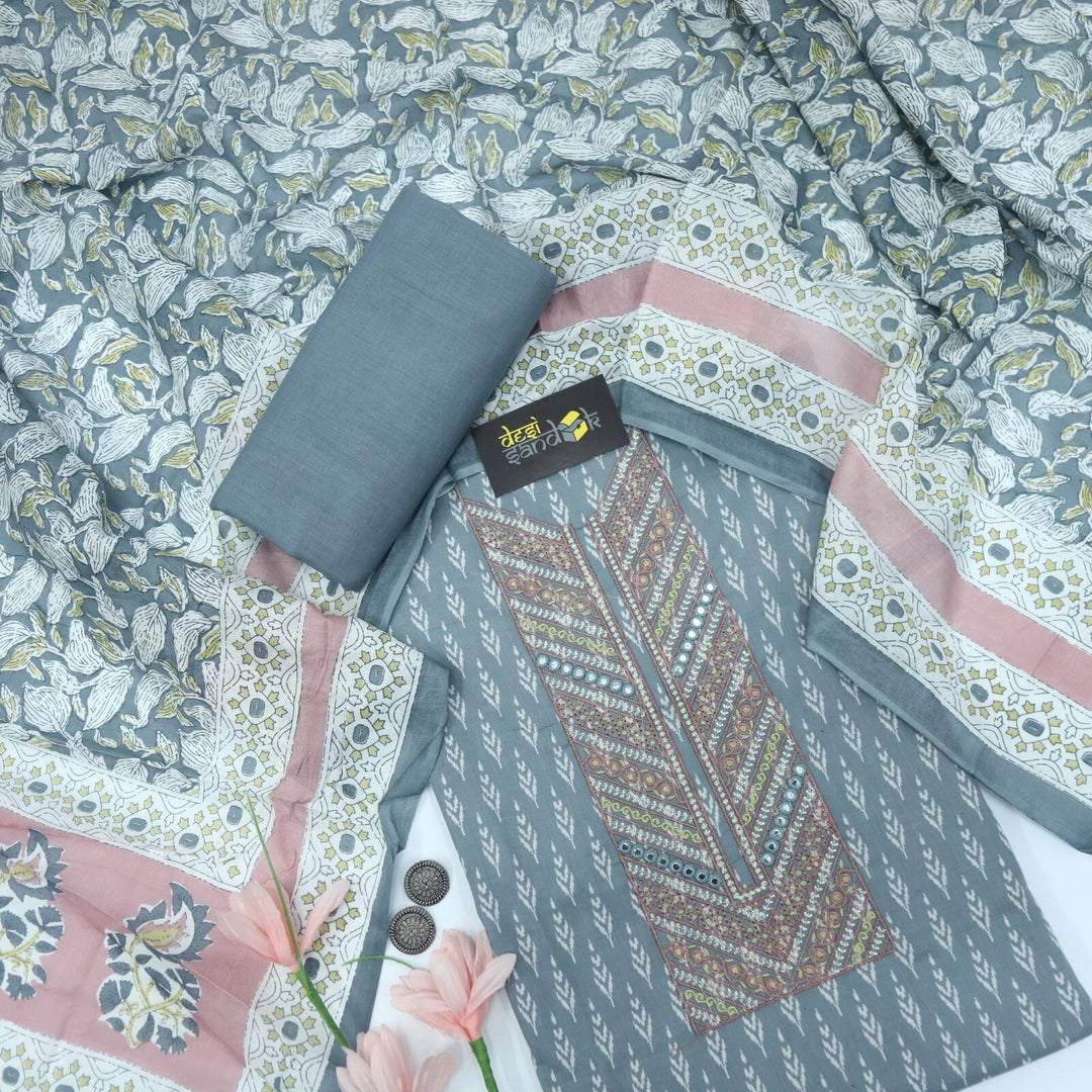 Dolphin Grey Printed Top with Printed Mul Dupatta Set