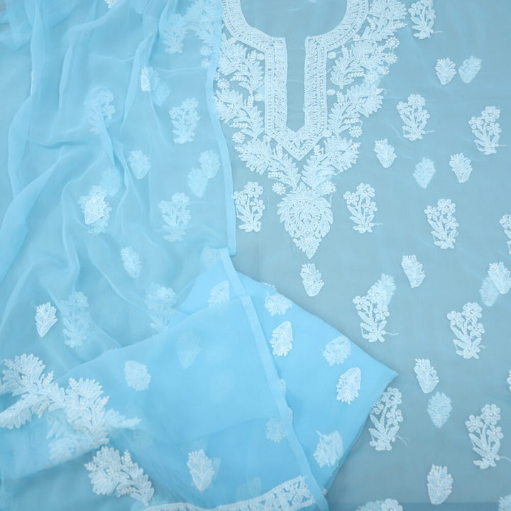 Sky Blue Georgette Chikankari Top with Bottom and Dupatta Set