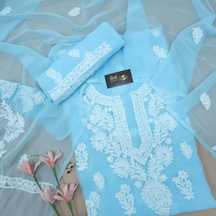 Sky Blue Georgette Chikankari Top with Bottom and Dupatta Set