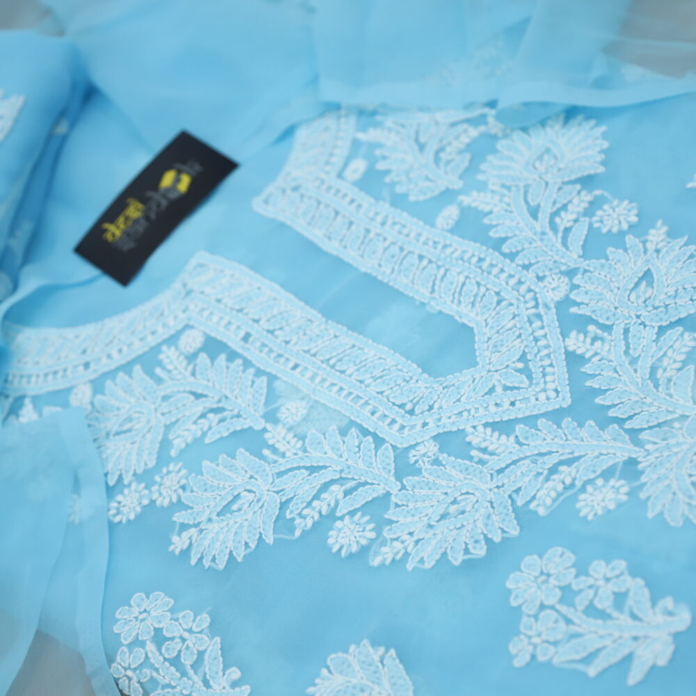 Sky Blue Georgette Chikankari Top with Bottom and Dupatta Set