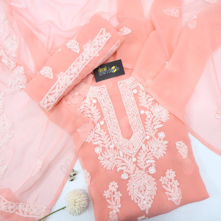 Peach Georgette Chikankari Top with Bottom and Dupatta Set