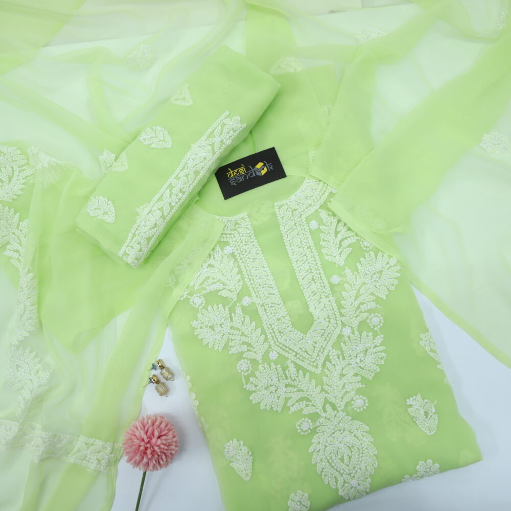 Neon Georgette Chikankari Top with Bottom and Dupatta Set