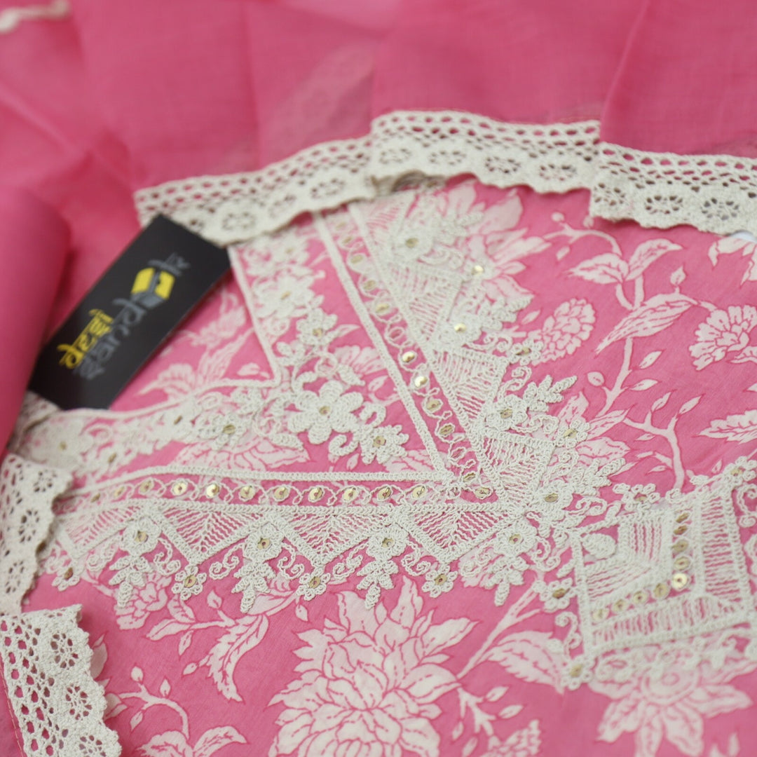 Pink Flower Printed Muslin Top lace work Dupatta Set