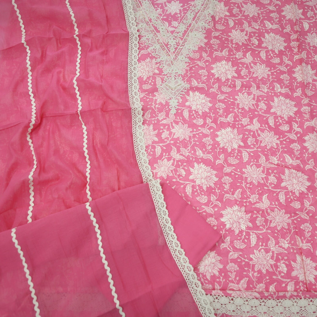 Pink Flower Printed Muslin Top lace work Dupatta Set