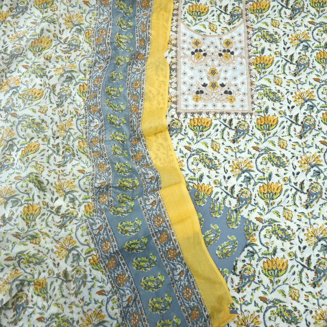 Offwhite and Yellow Printed Cotton Top with Printed Bottom and Dupatta Set