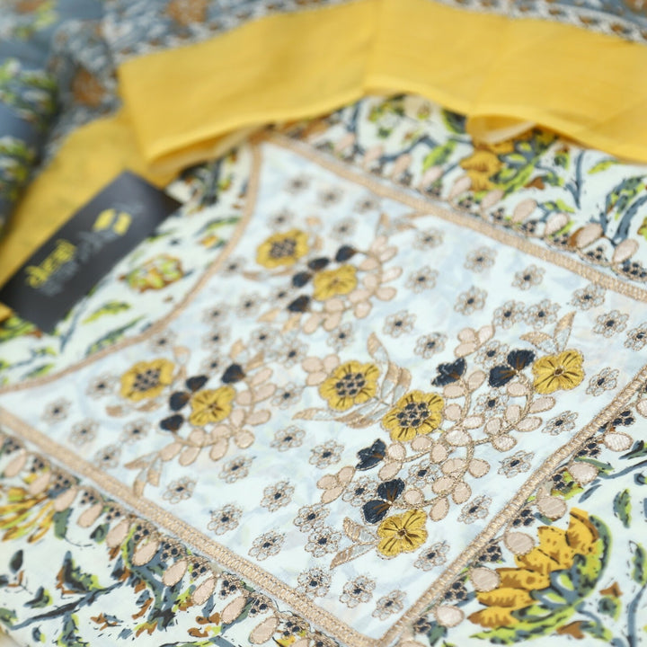Offwhite and Yellow Printed Cotton Top with Printed Bottom and Dupatta Set