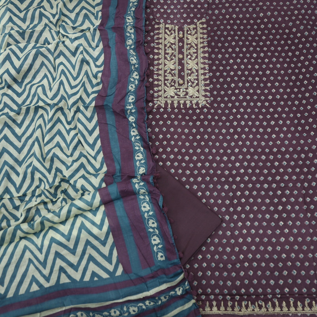 Raisin Purple Printed Cotton Top with Chevron Printed Dupatta Set