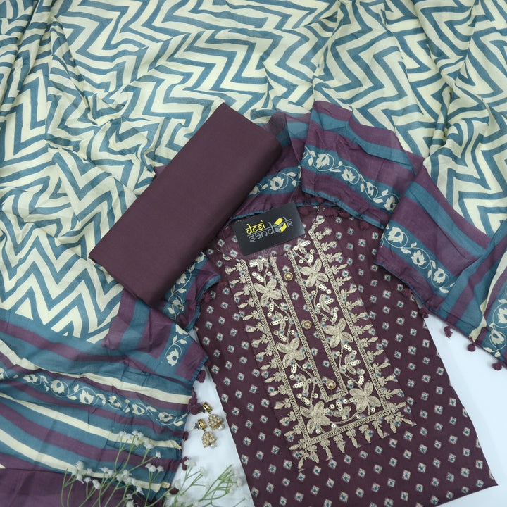 Raisin Purple Printed Cotton Top with Chevron Printed Dupatta Set