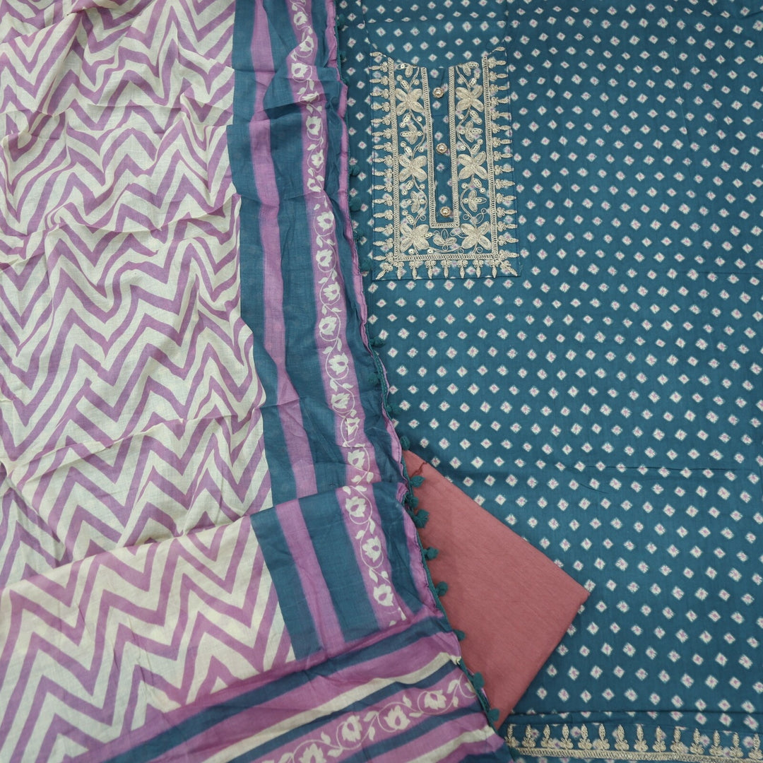 Peacock Blue Printed Cotton Top with Chevron Printed Dupatta Set