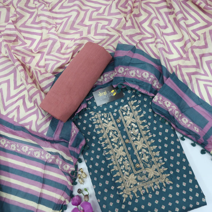 Peacock Blue Printed Cotton Top with Chevron Printed Dupatta Set