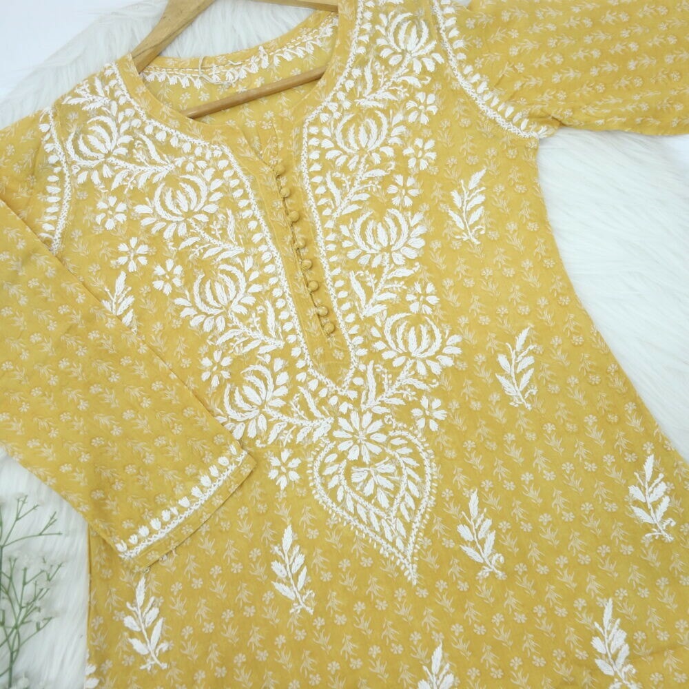 Sunflower Yellow Printed Chikankari Kurti