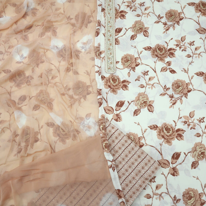 Mellow Peach and Cream Printed Cotton Top with Chiffon Tie and Dye Dupatta Set