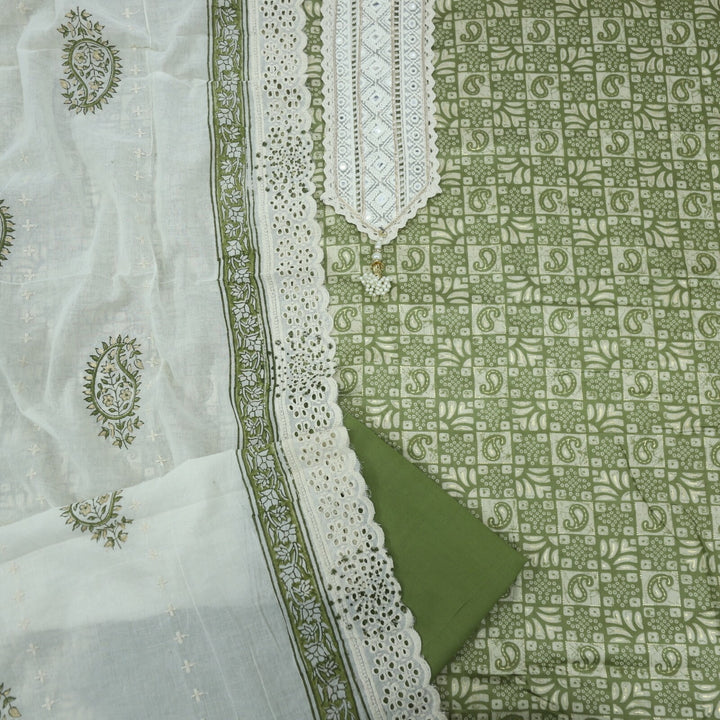 Olive Green Glazed Cotton Printed Top with Beige Dupatta With Lace Work