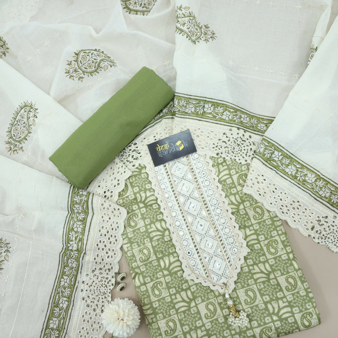 Olive Green Glazed Cotton Printed Top with Beige Dupatta With Lace Work