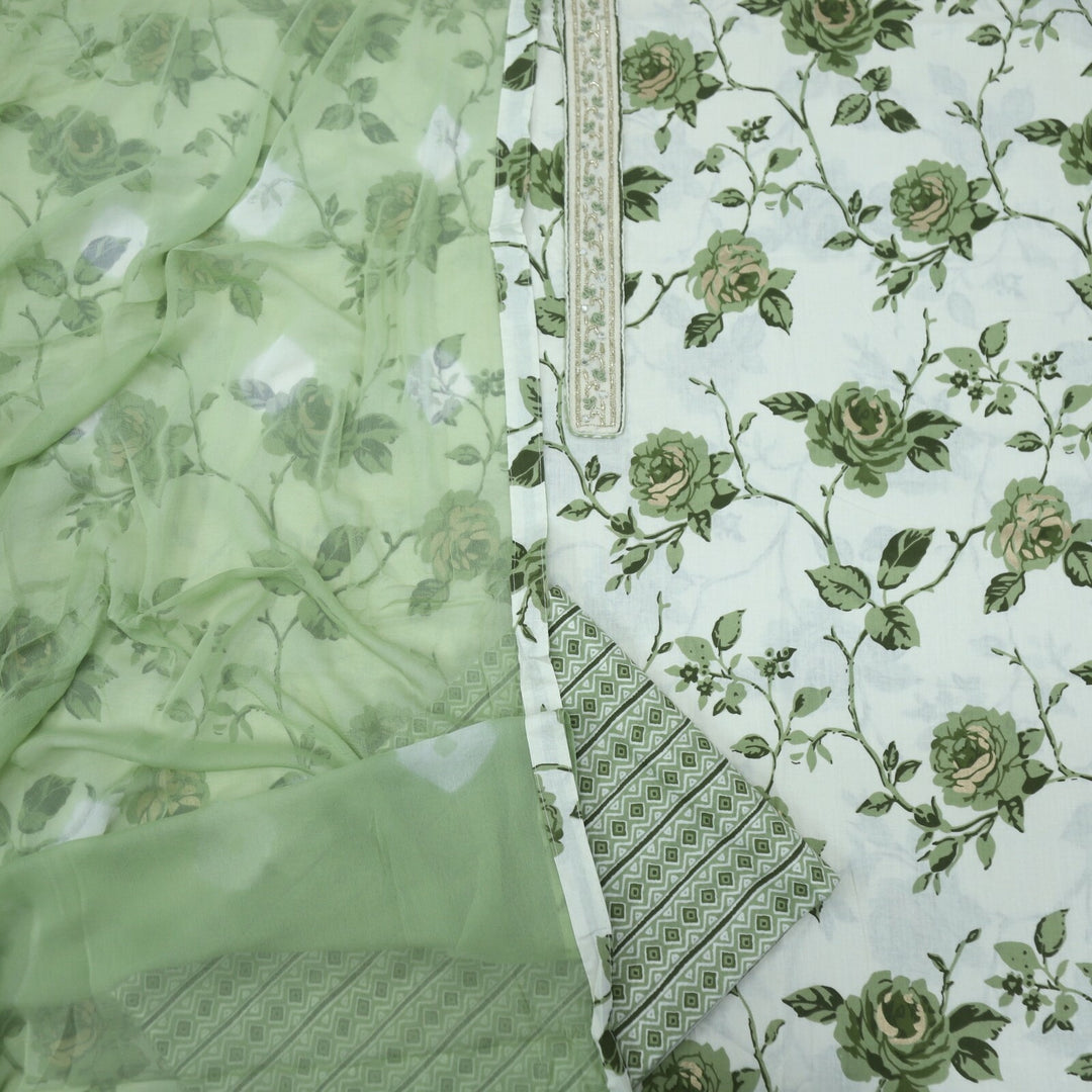 Fern Green and Cream Printed Cotton Top with Chiffon Tie and Dye Dupatta Set