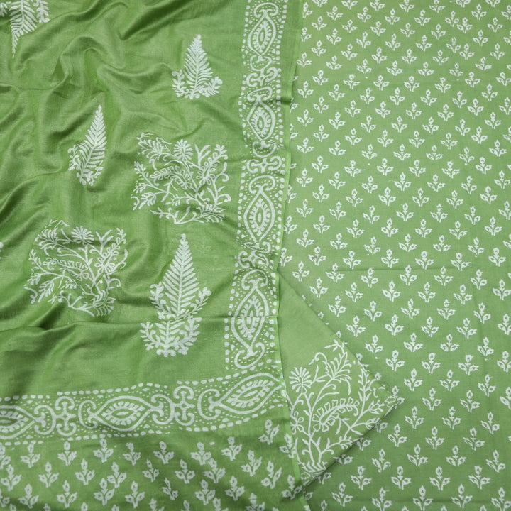Leaf Green Katan Staple Handloom Top and Dupatta Set